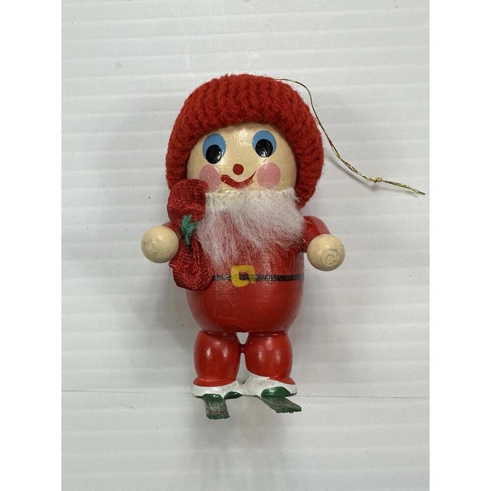Skiing Wooden Wood Vintage Ornament Red Crochet Hat Boy Santa